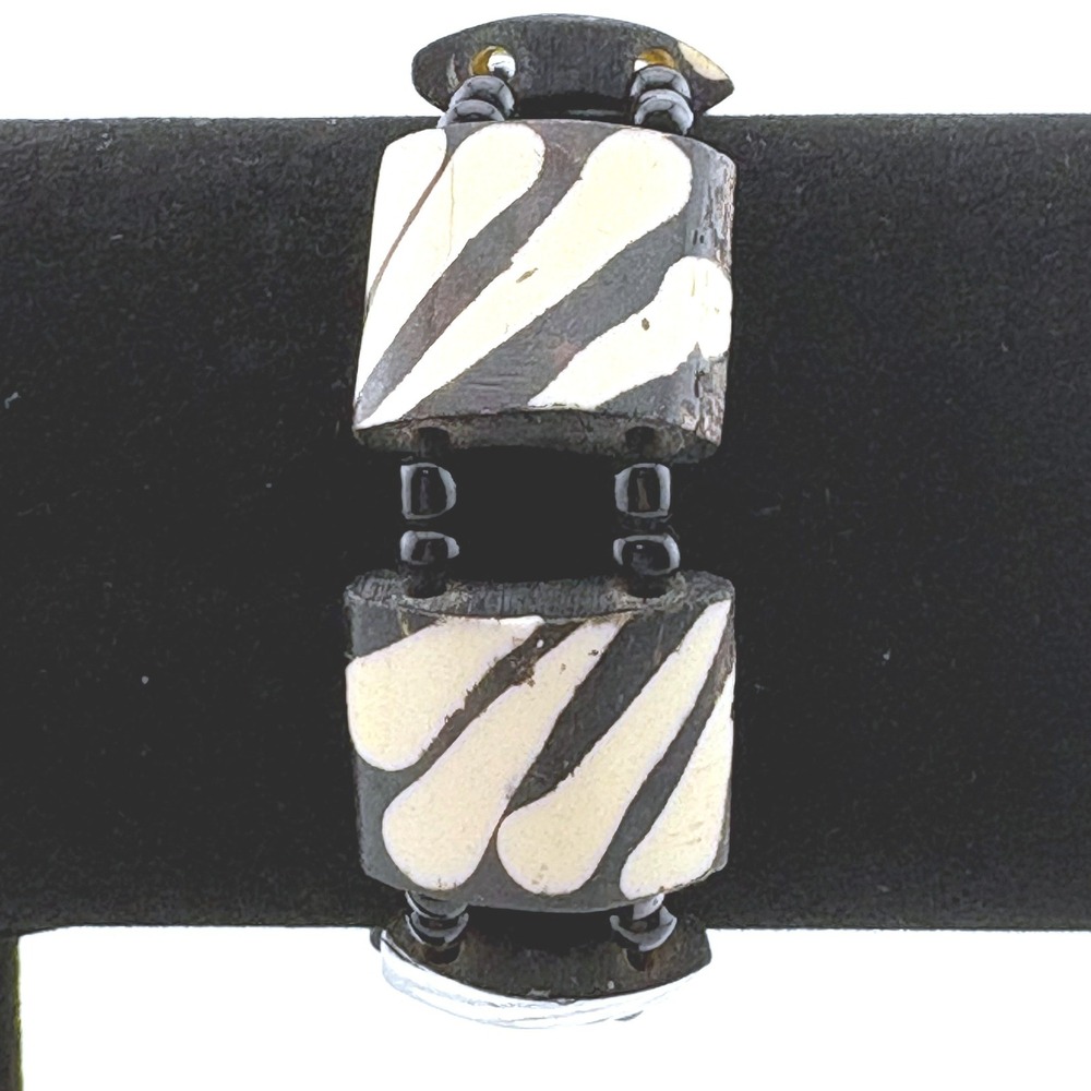 Vintage Zebra Print Batik Bone Tile Stretch Bracelet Black Cream Tribal Boho
